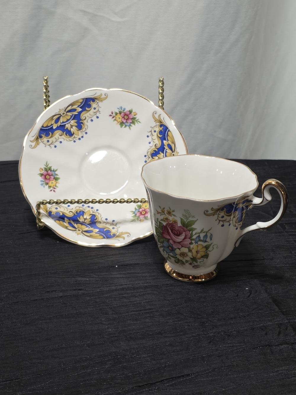 Vintage Royal Adderley Fine Bone China Tea Cup & Saucer Set - Floral & Cobalt Bl